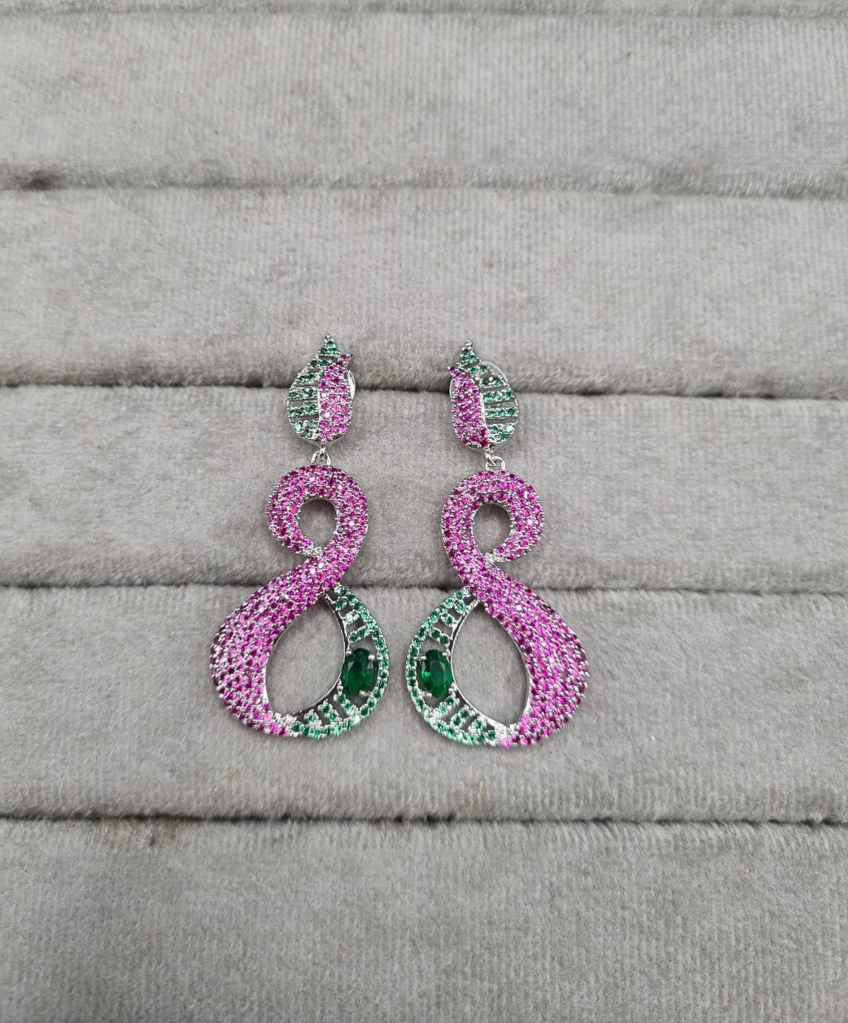 Modern Silver-Plated Pink and Green AD Earrings