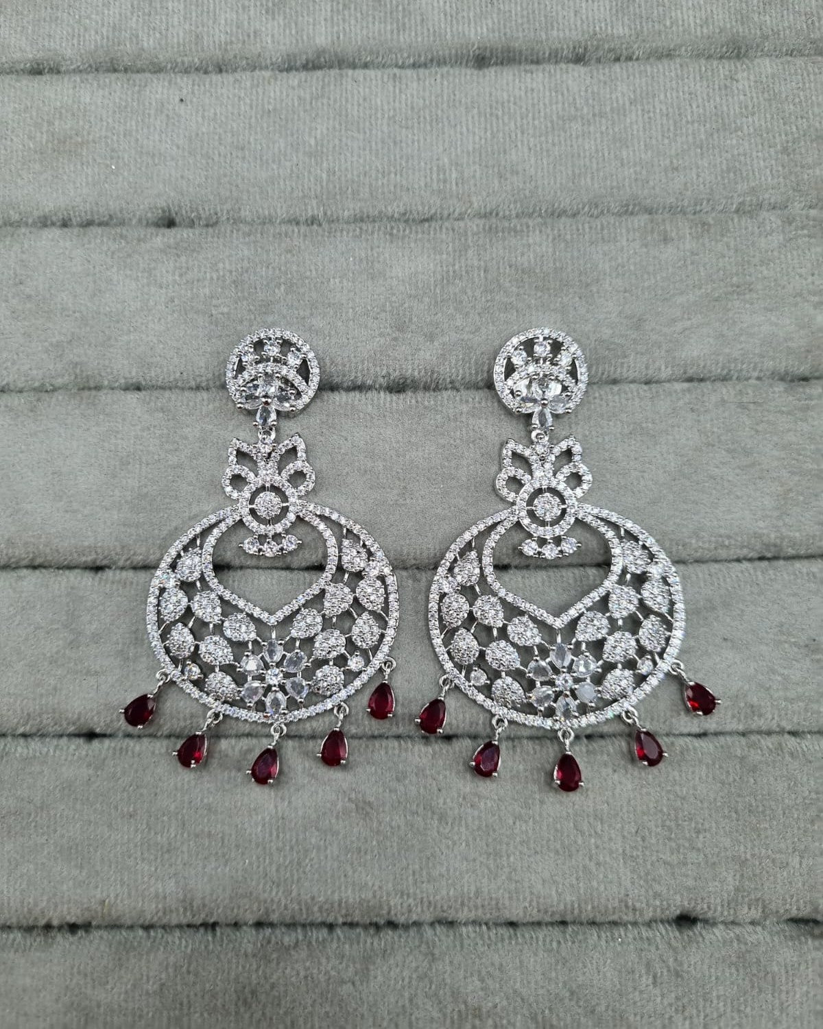 Floral Red & White AD Earrings Drops