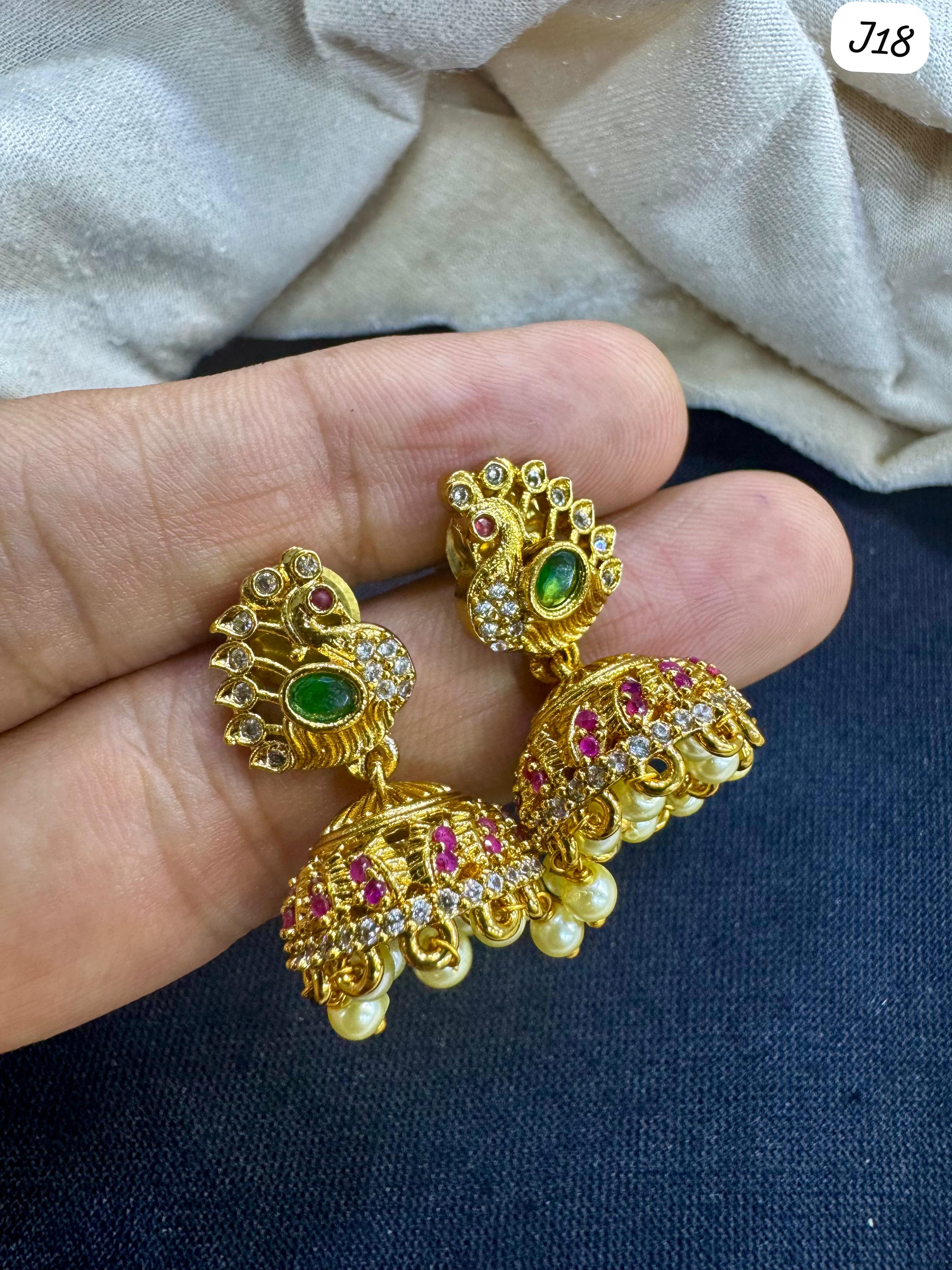 Peacock Design Gold-Plated AD Jhumka Earrings with Emerald, Ruby & Pearl Detailing