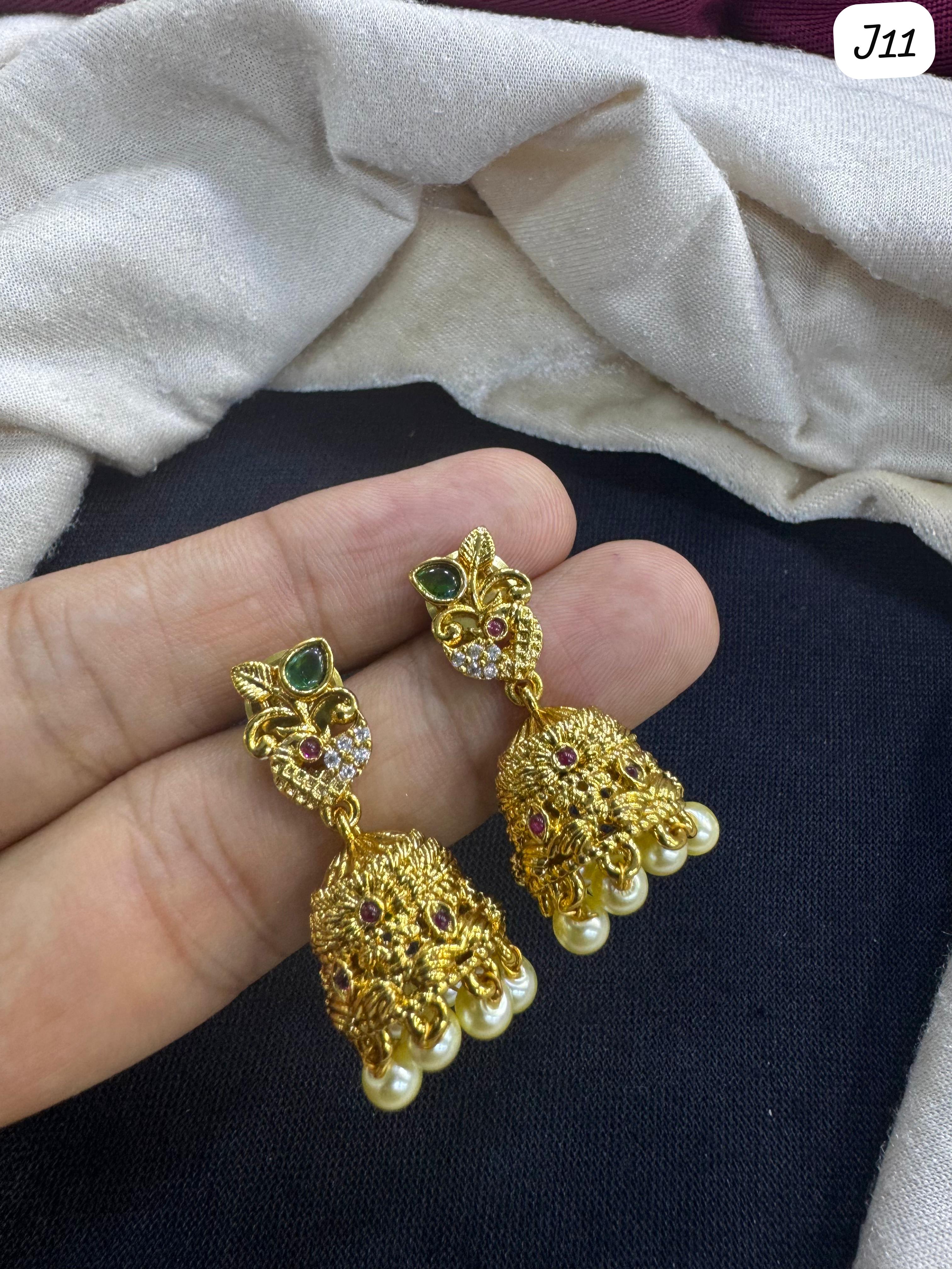 Floral Motif Gold-Plated AD Jhumka Earrings with Ruby, Emerald & Pearl Drops – LucenteMarket