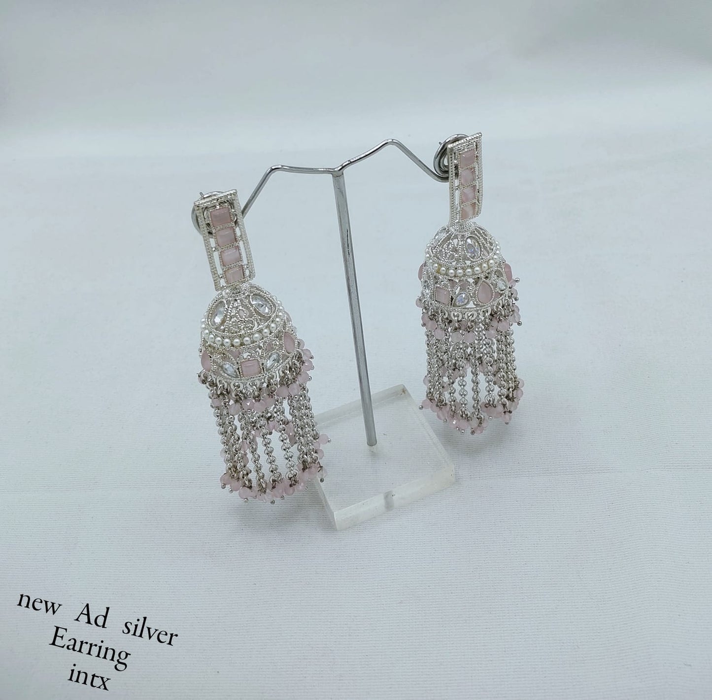 Designer Silver Finish AD Jhumka Earrings with Beaded Tassels – Elegant Traditional Style