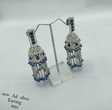 Designer Silver Finish AD Jhumka Earrings with Beaded Tassels – Elegant Traditional Style