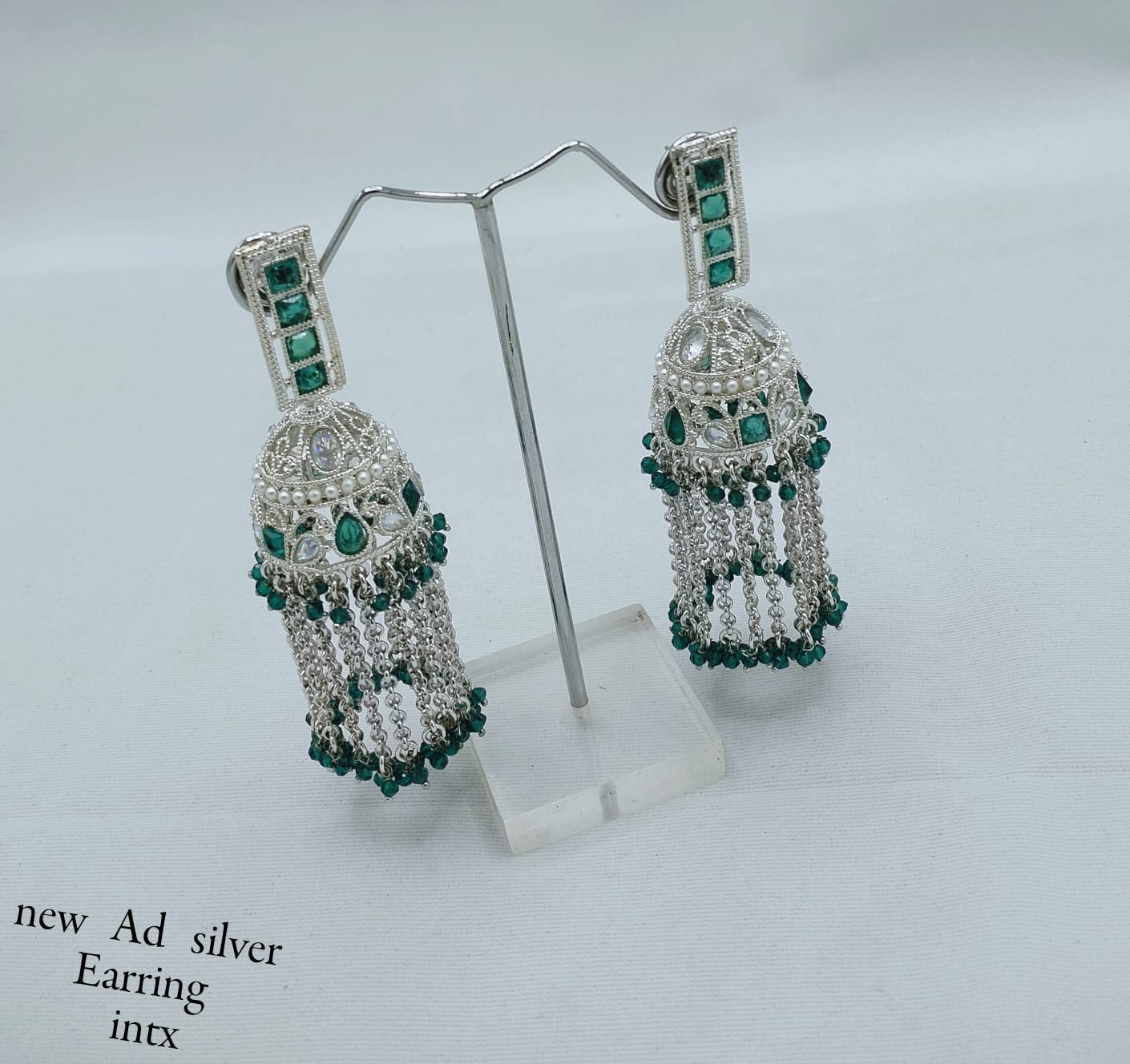 Designer Silver Finish AD Jhumka Earrings with Beaded Tassels – Elegant Traditional Style