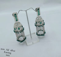 Designer Silver Finish AD Jhumka Earrings with Beaded Tassels – Elegant Traditional Style