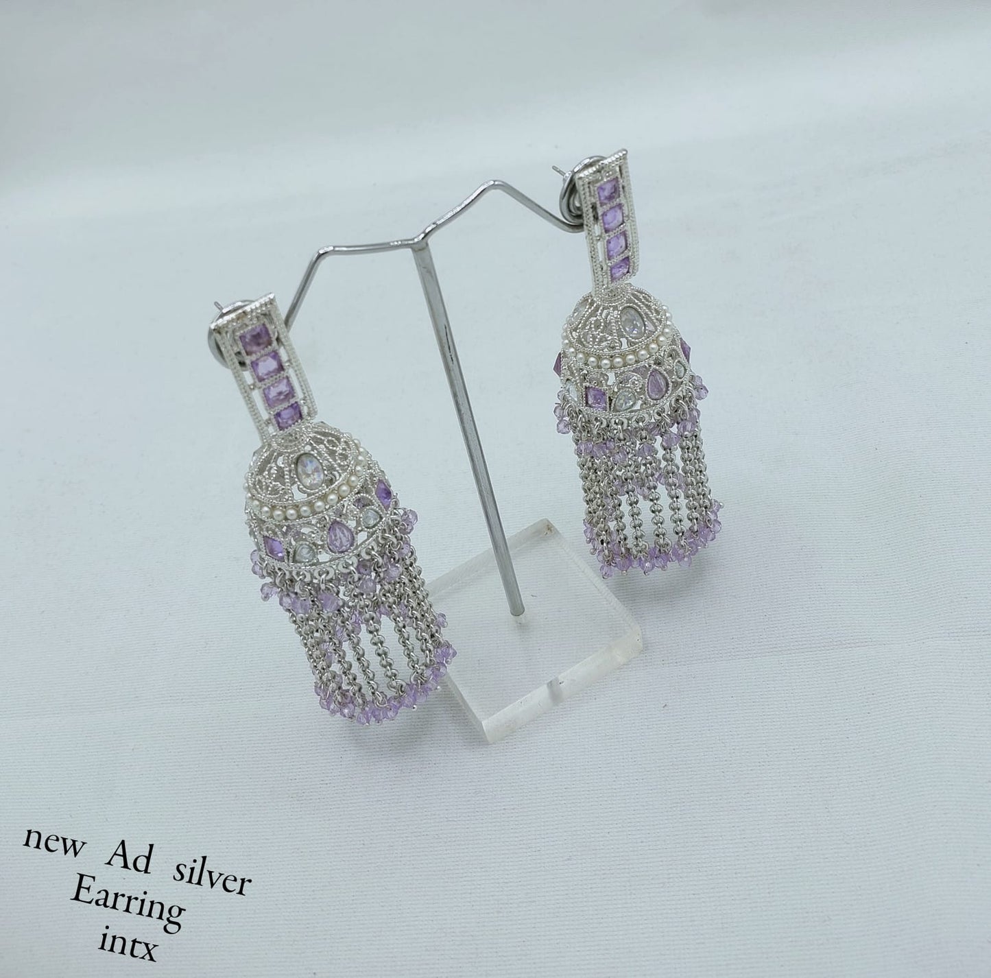 Designer Silver Finish AD Jhumka Earrings with Beaded Tassels – Elegant Traditional Style