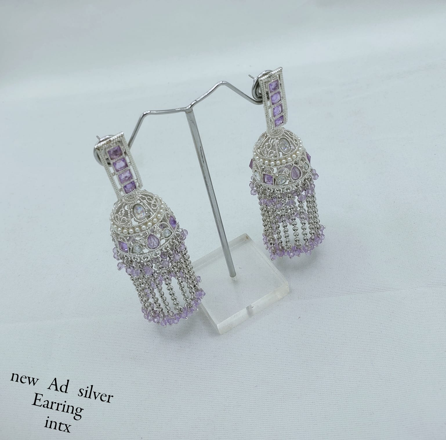 Designer Silver Finish AD Jhumka Earrings with Beaded Tassels – Elegant Traditional Style
