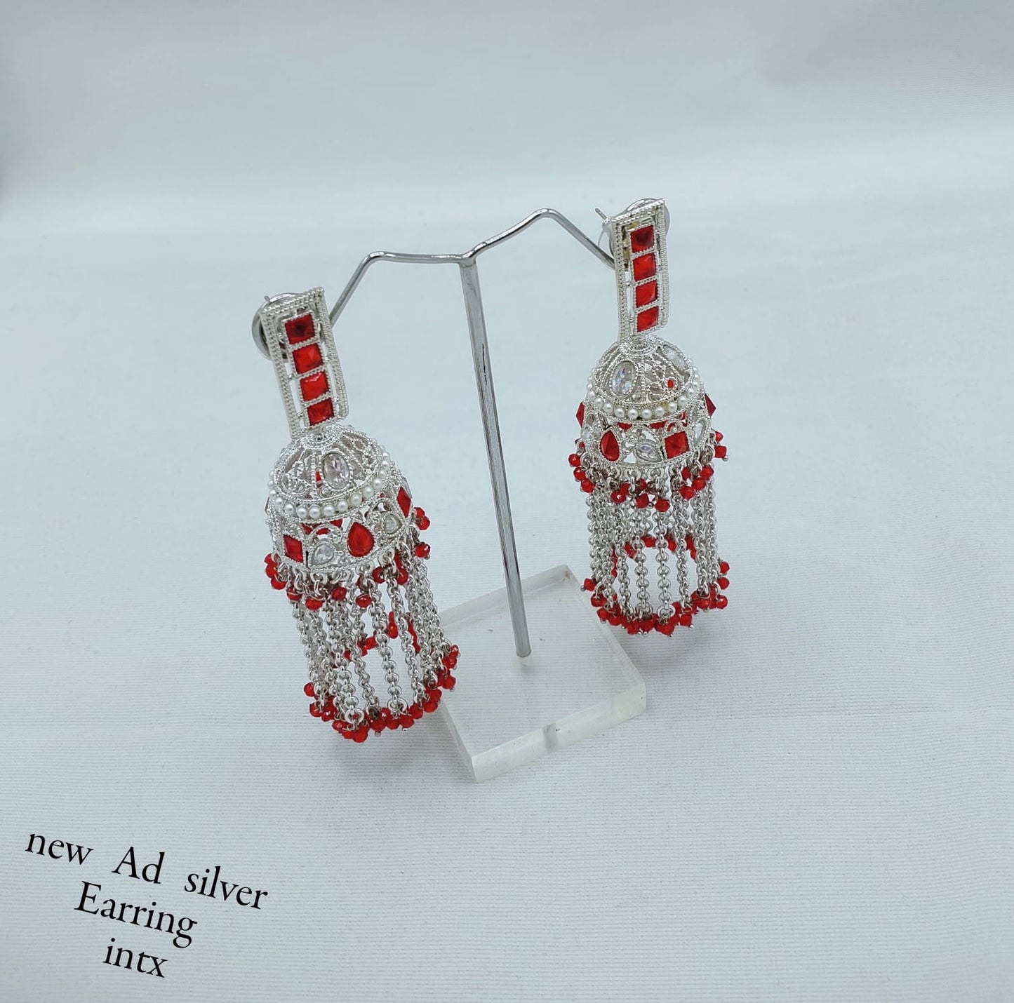 Designer Silver Finish AD Jhumka Earrings with Beaded Tassels – Elegant Traditional Style