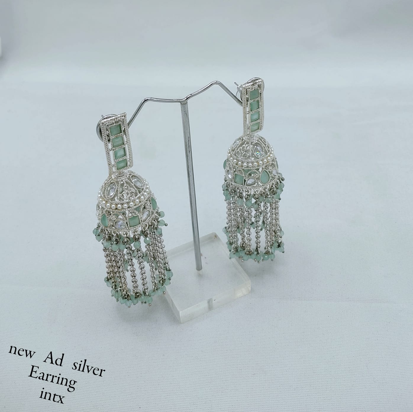 Designer Silver Finish AD Jhumka Earrings with Beaded Tassels – Elegant Traditional Style