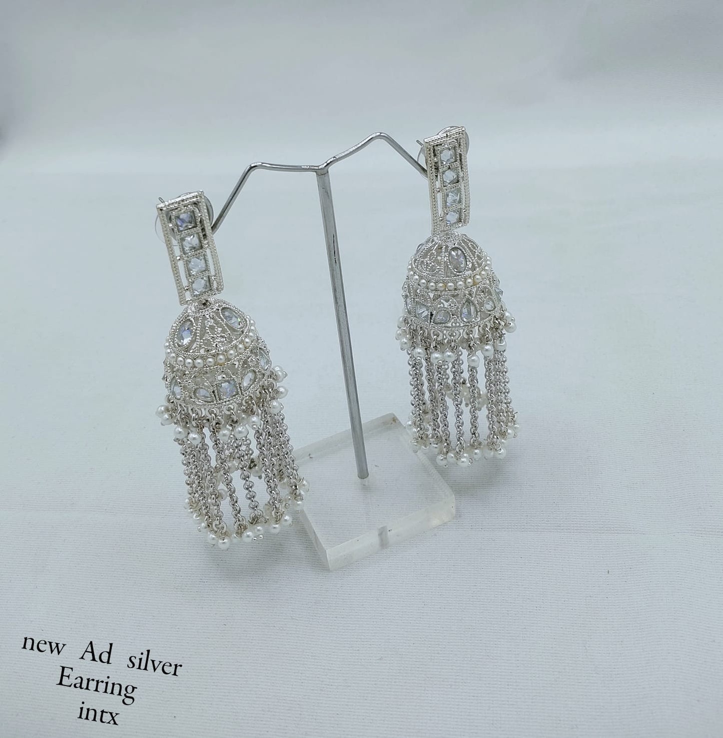 Designer Silver Finish AD Jhumka Earrings with Beaded Tassels – Elegant Traditional Style