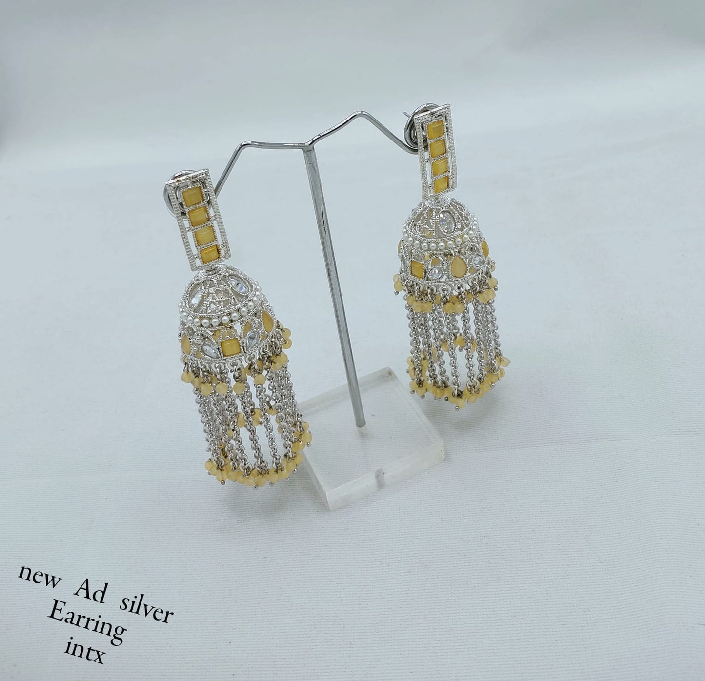 Designer Silver Finish AD Jhumka Earrings with Beaded Tassels – Elegant Traditional Style