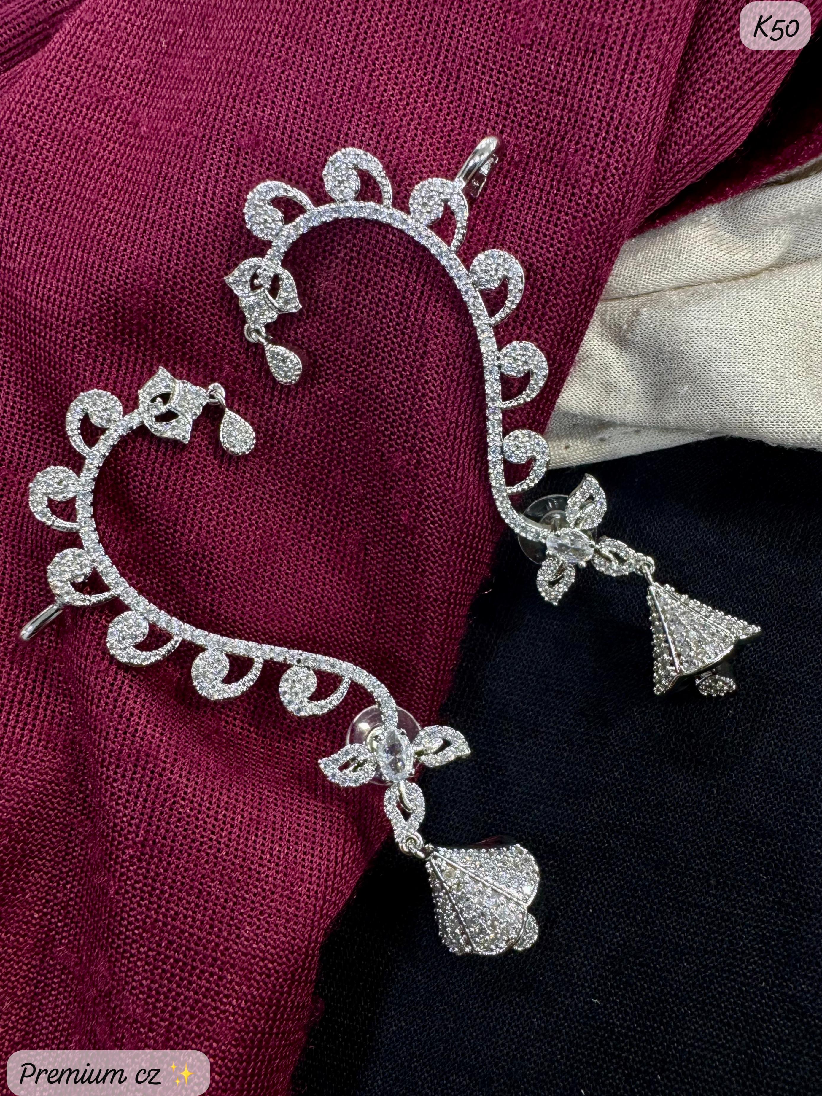 Elegant Silver-Plated AD Stone Earcuff Earrings – Floral & Spiral Design with Dangling Charm