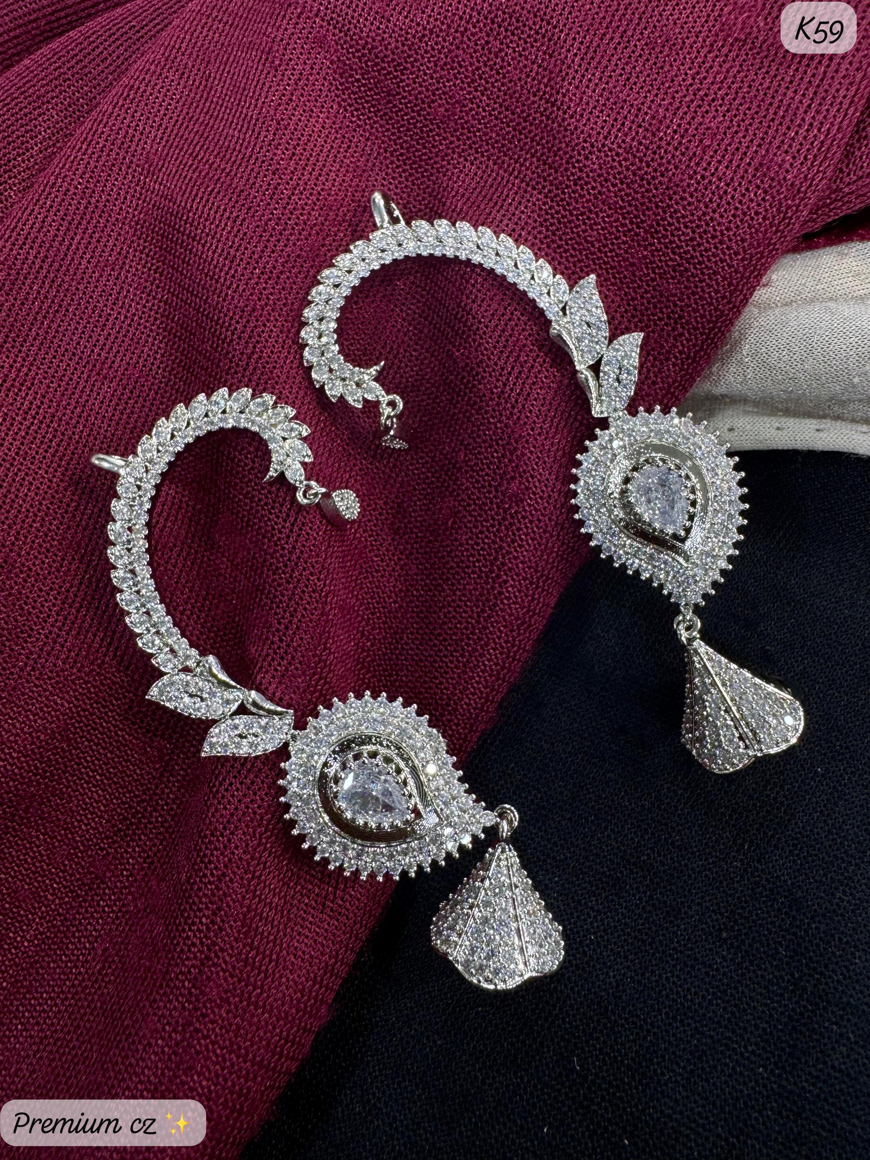 Elegant Leaf Motif AD Stone Earcuff Earring Set – Silver Plated