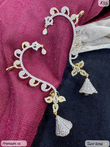 Two-Tone AD Stone Leaf Motif Earcuff Earrings with Hanging Drop Design – Silver & Gold Plated