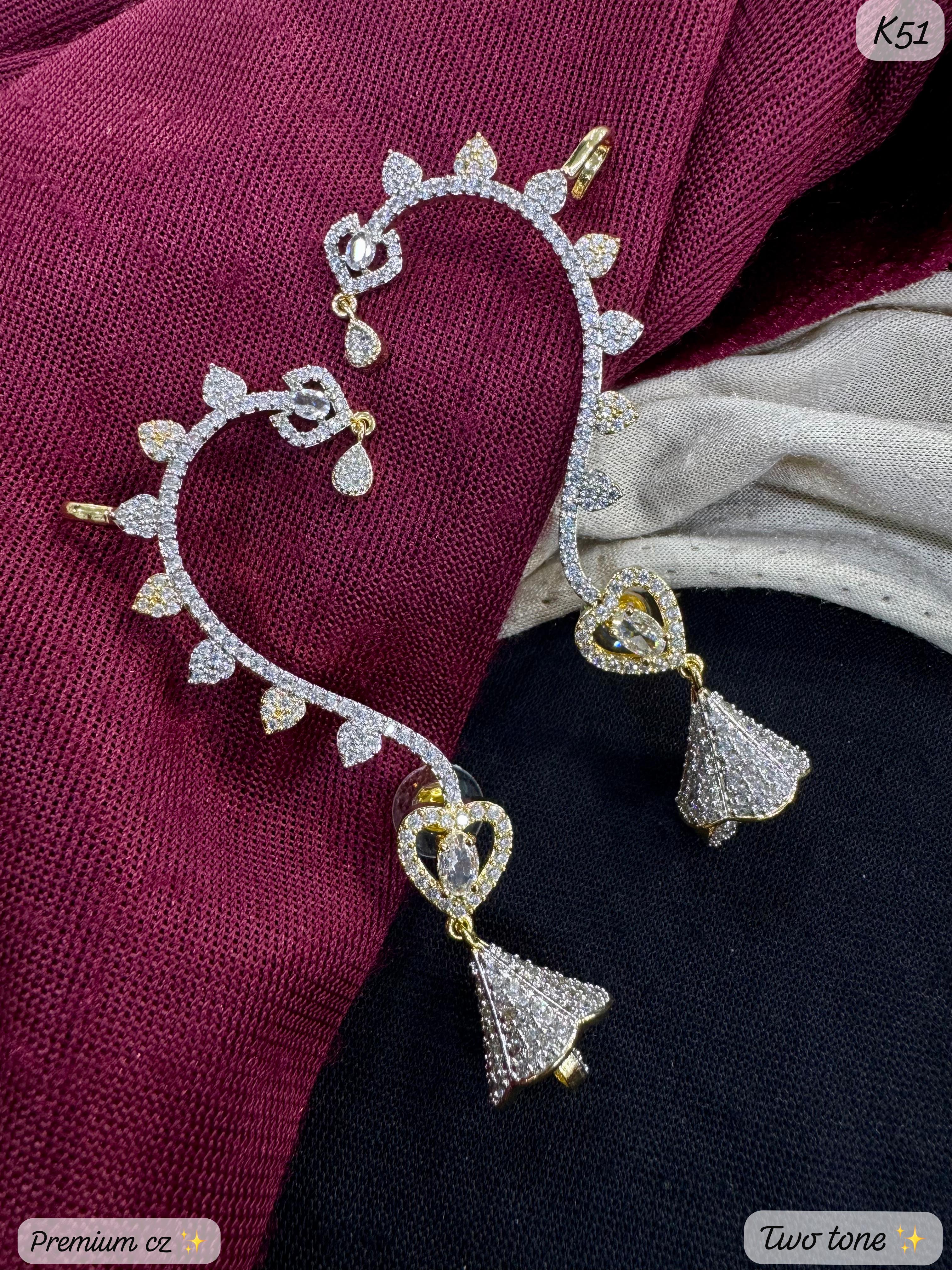 Elegant Leaf Motif AD Stone Ear Cuff Earring Set – Two Tone Finish