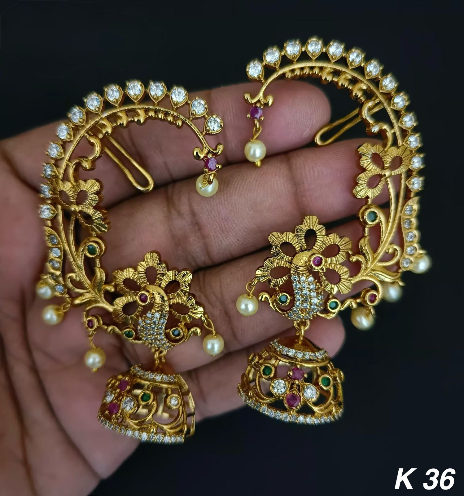 American Diamond Gold Plated Peacock Earcuff For Woman