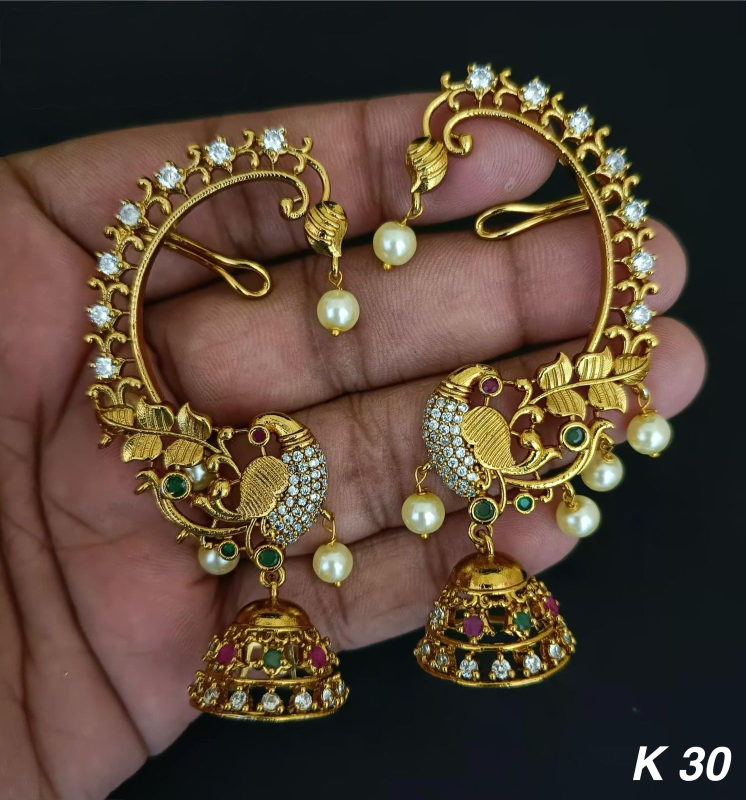 American Diamond Gold Plated Peacock Earcuff For Woman