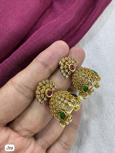 Elegant Gold-Plated Jhumka Earrings with Multicolor Stones and Pearl Detailing