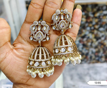 Antique Gold Plated American Diamond Jhumki Set
