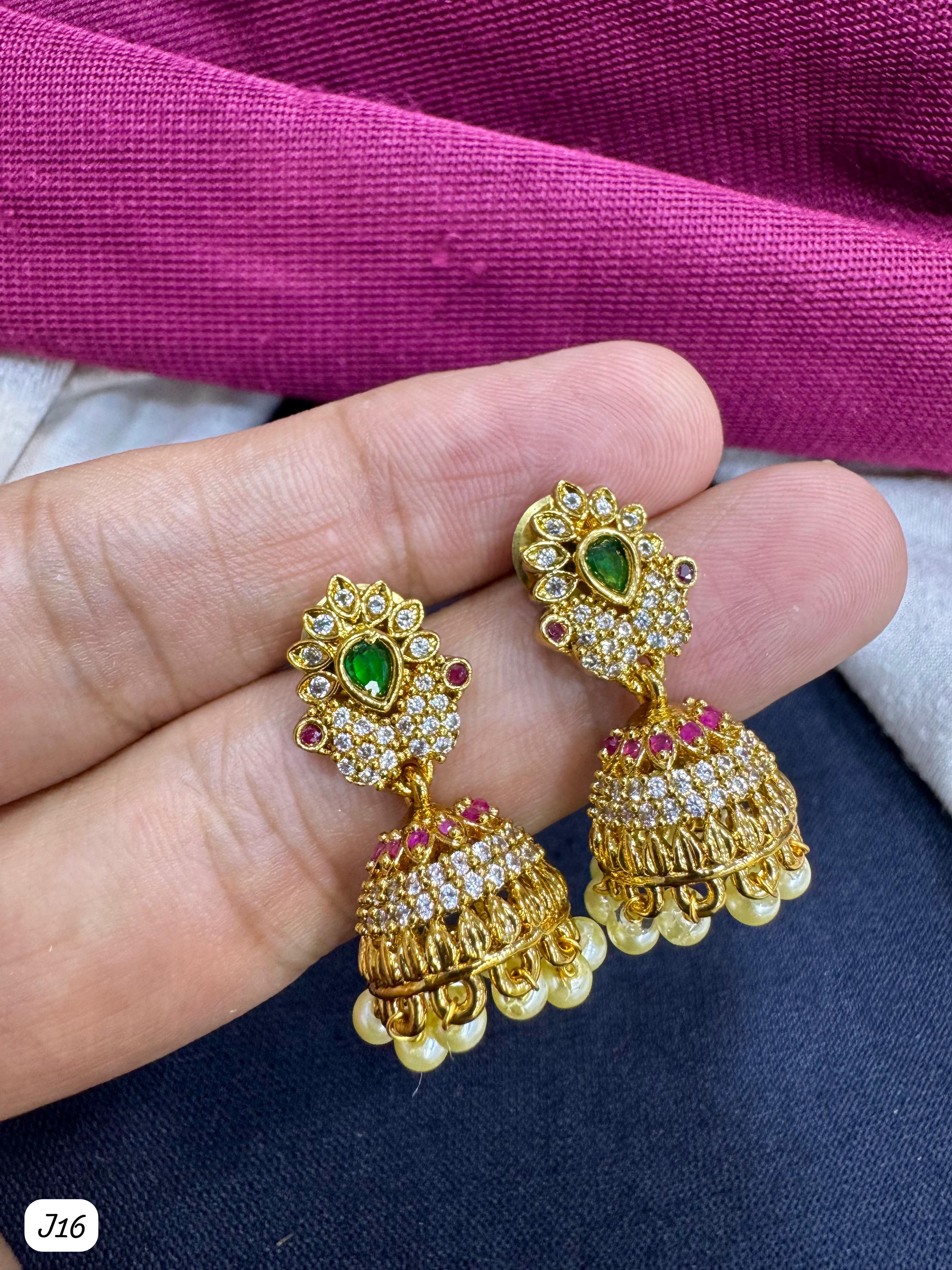 Traditional Gold-Plated AD Jhumka Earrings with Green Stone & Pearl Drops