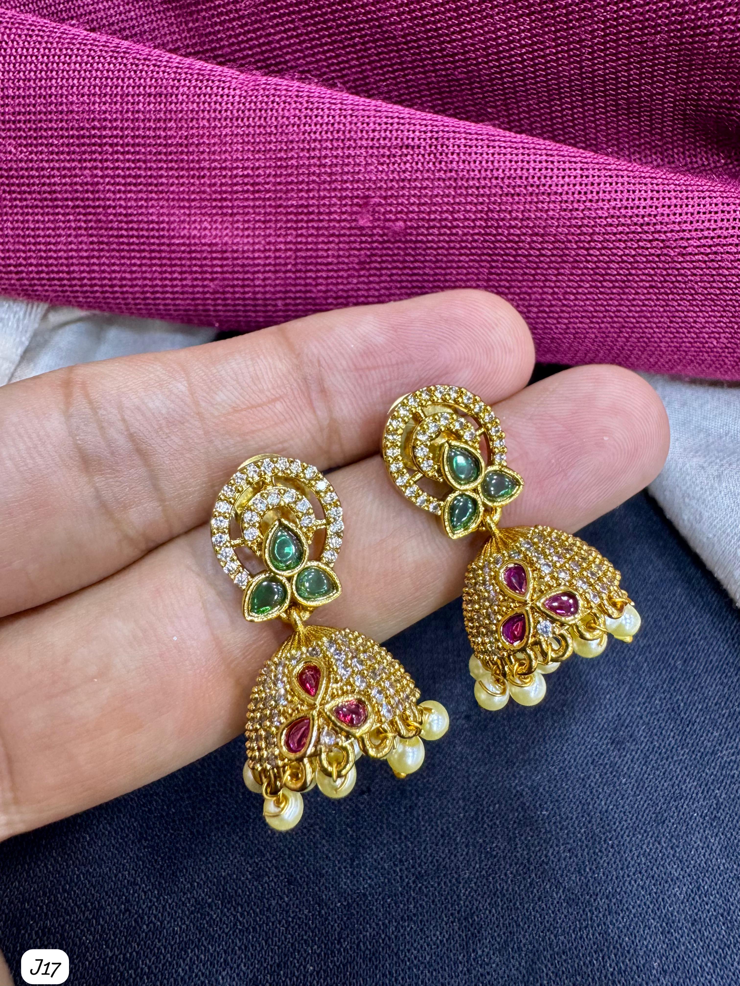 Gold-Plated Jhumka AD Earrings with Green & Pink Stones and Pearl Drops