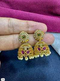 Gold-Plated Jhumka Earrings with Pink Stones & Pearl Drops