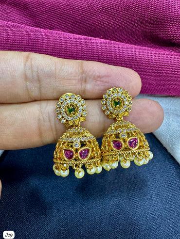 Gold-Plated Jhumka Earrings with Pink Stones & Pearl Drops