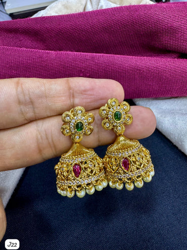 Flora Gold-Plated AD Jhumka Earrings with Pink & Green Stones