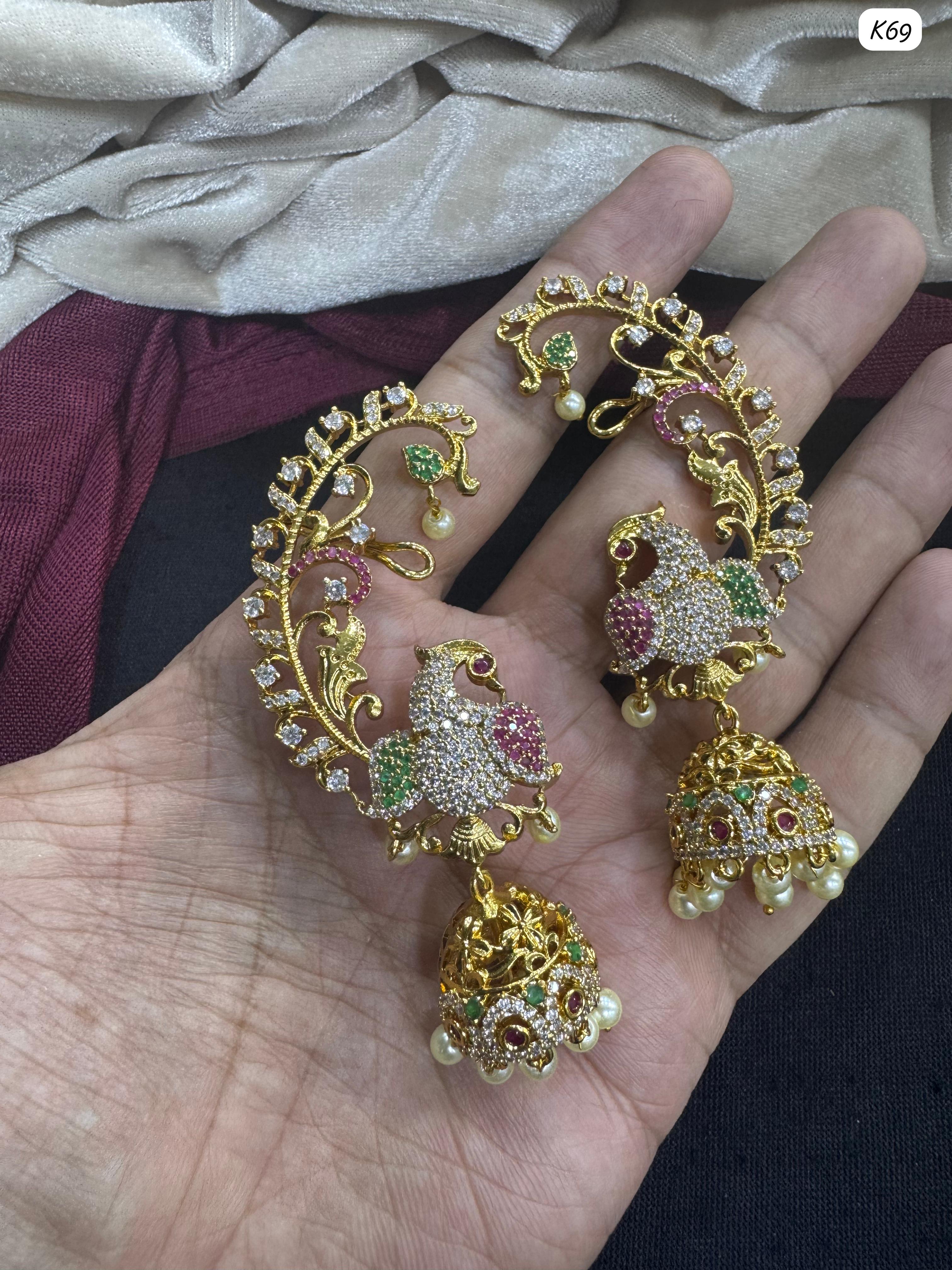 Traditional Fancy Pearl Golden Gold Plated Peacock Earcuff Earrings For Women and Girls