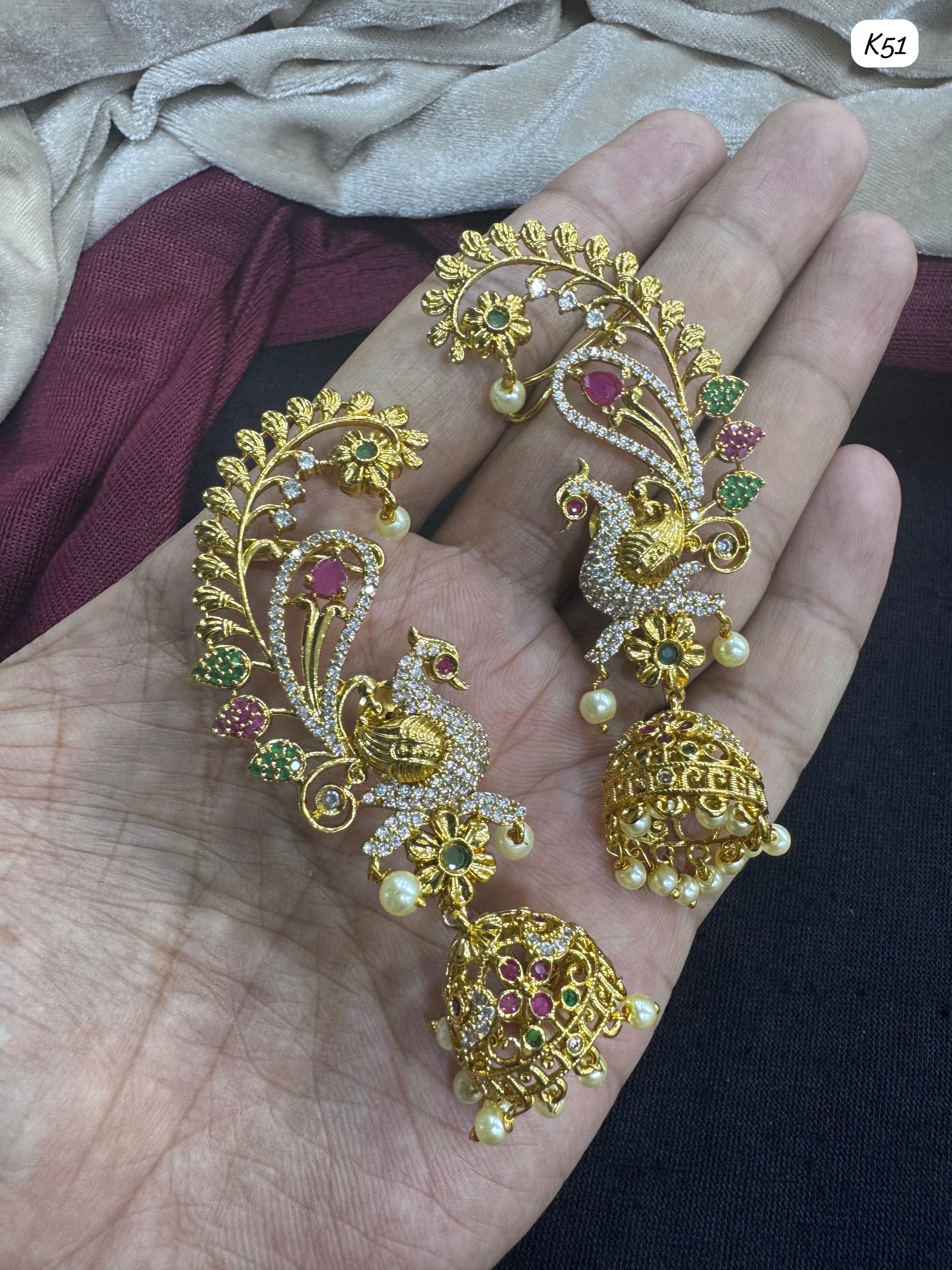 Traditional Fancy Pearl Golden Gold Plated Peacock Earcuff Earrings For Women and Girls