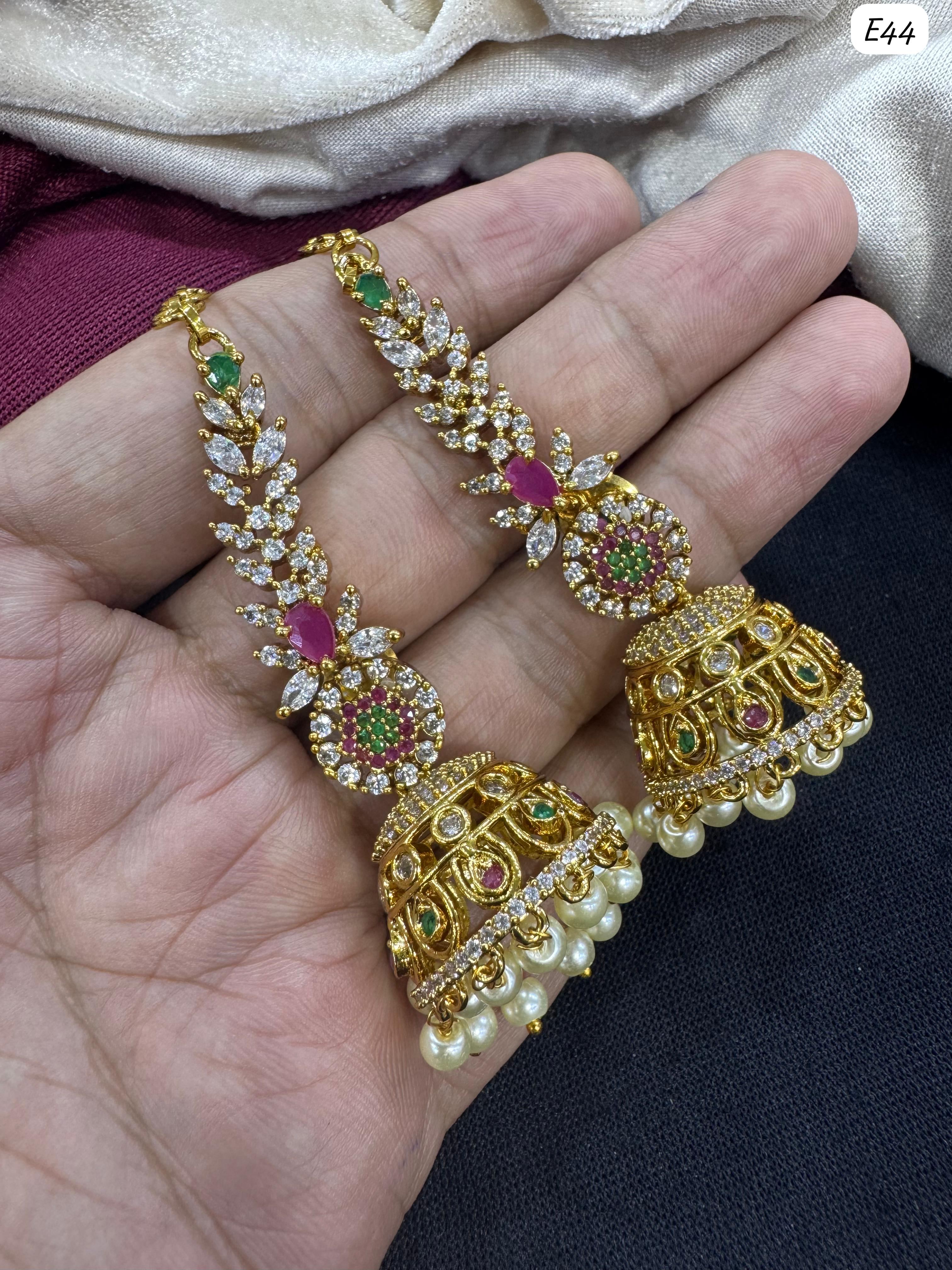 Bridal AD Jhumka Earrings with Pearl Drops and Floral Detailing
