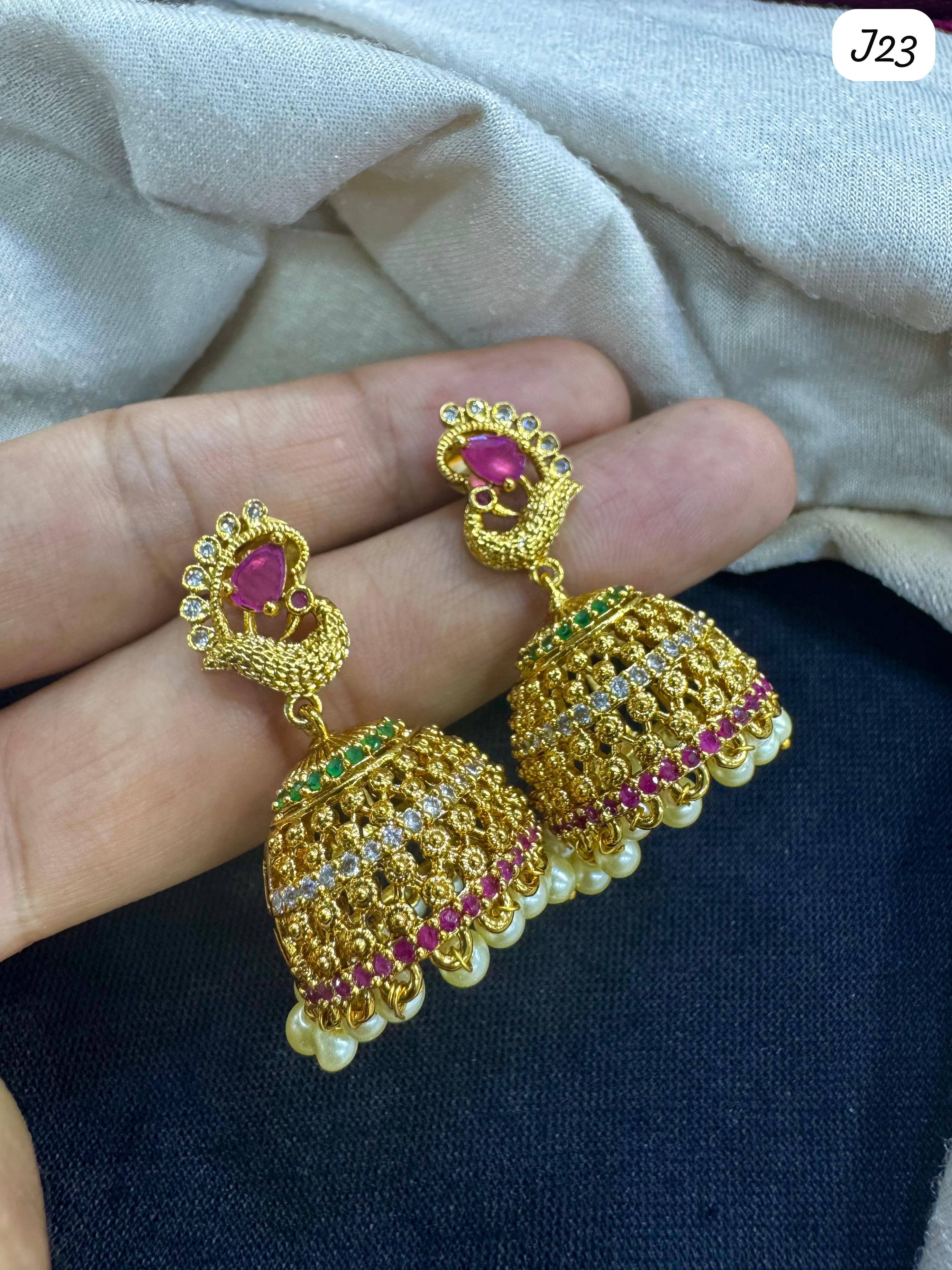 Elegant Traditional Gold-Plated Jhumka Earrings with Ruby, Emerald, Pearl & AD Stone Detailing