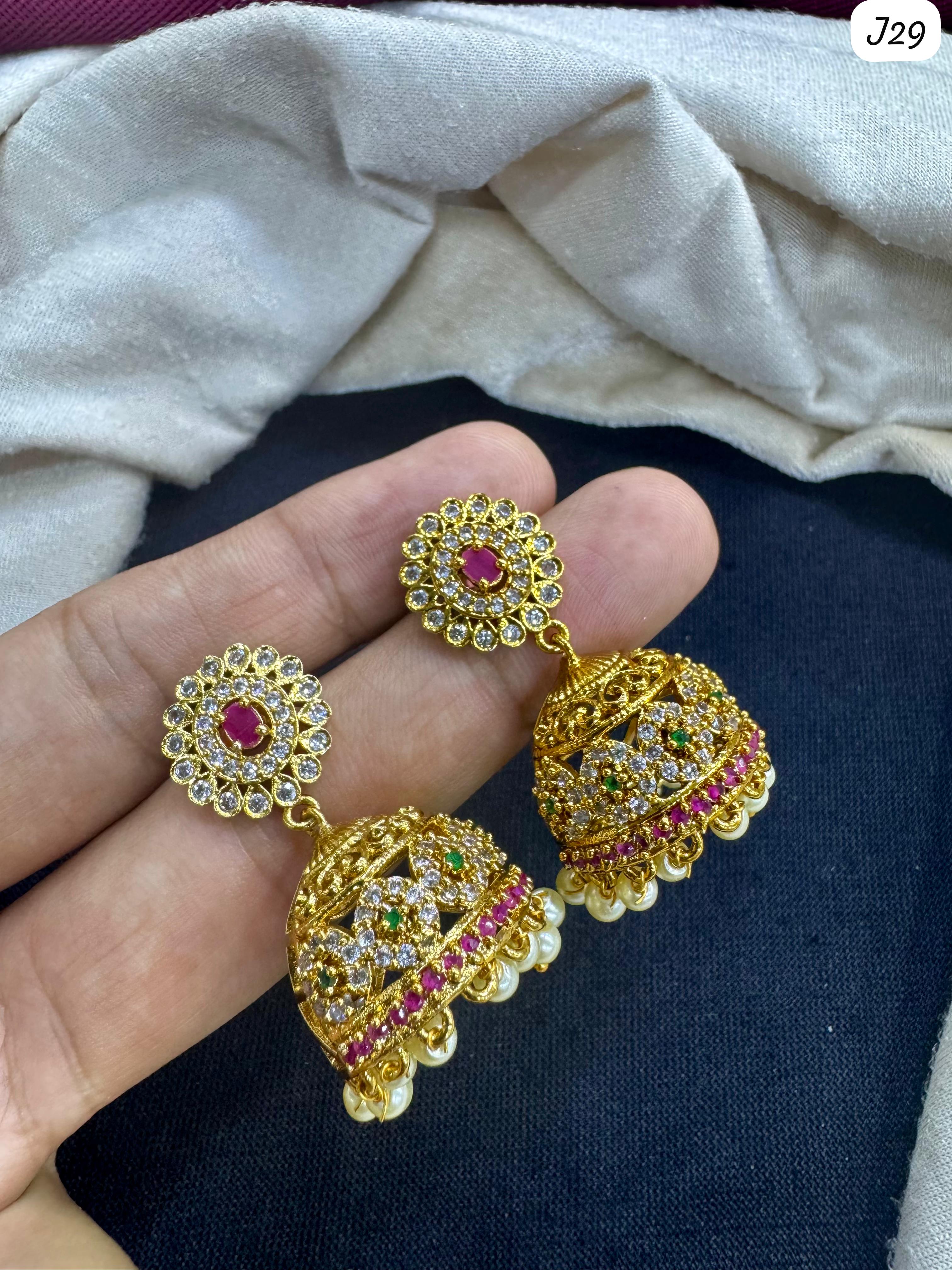 Gold-Plated AD Jhumka Earrings with Ruby, Emerald & Pearl Accents – LucenteMarket