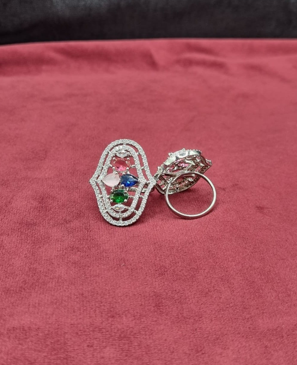 Oval Statement Ring Vibrant Multi Stone American Diamond Ring for Wedding