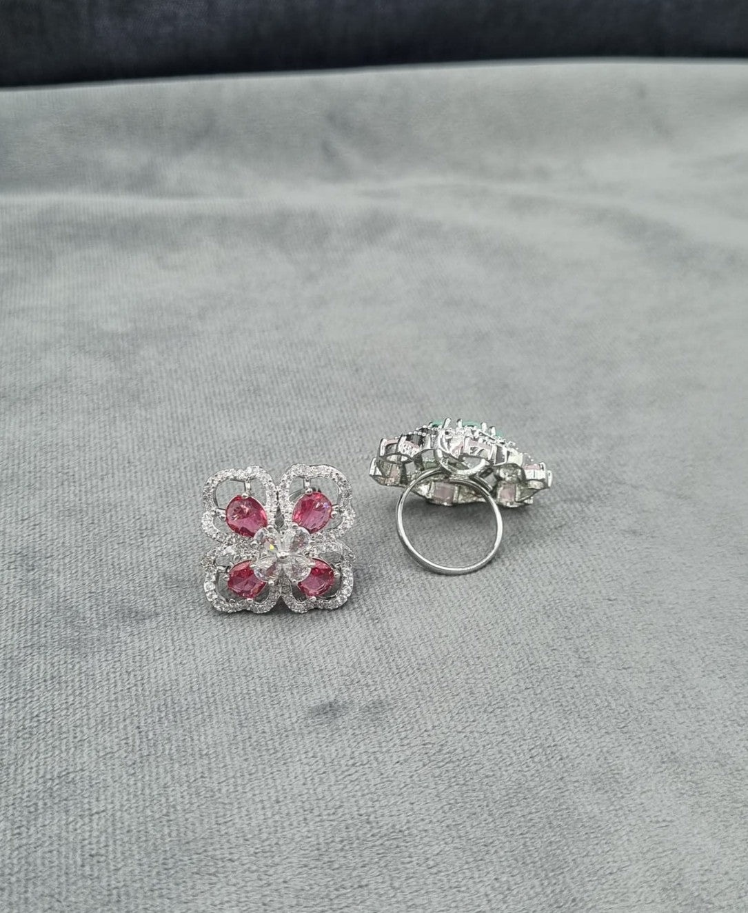 Silver Finish American Diamond Floral Statement Ring