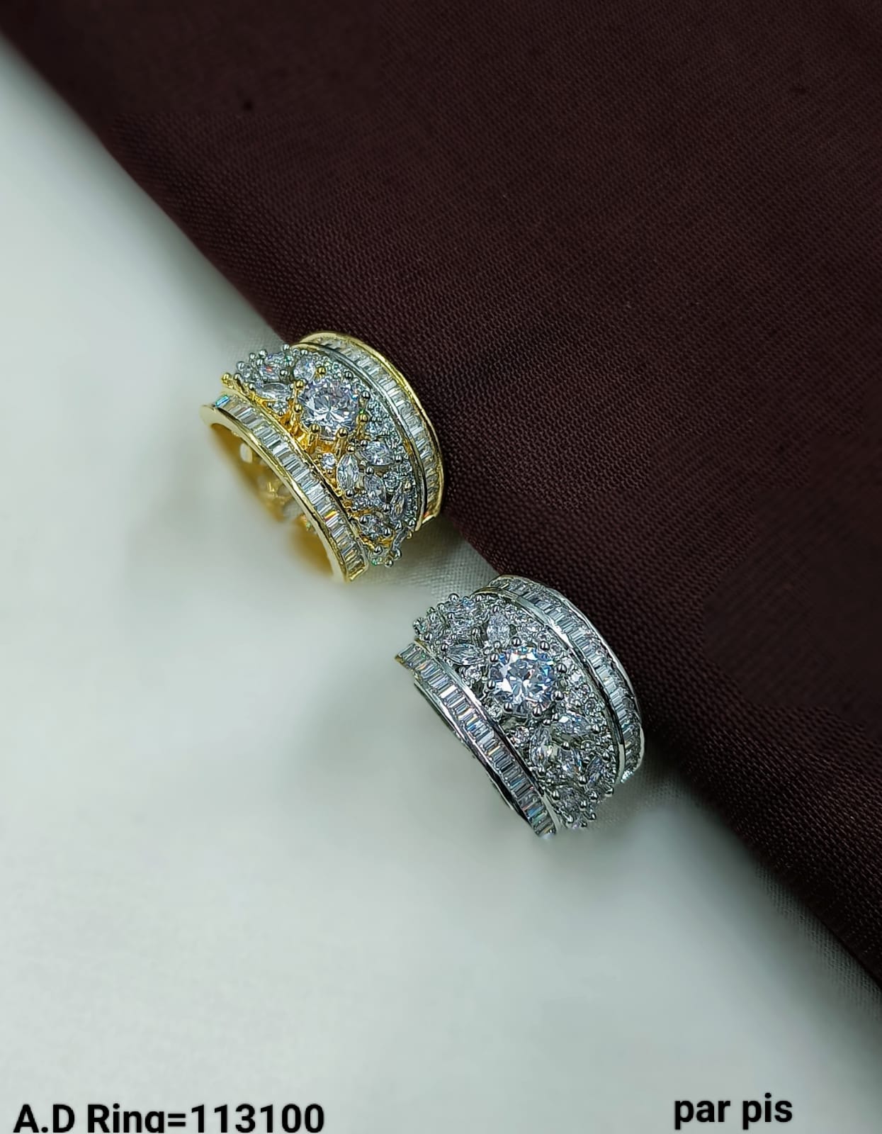 Royal Cluster A.D. Ring with Baguette Accents – Gold & Silver Finish (Per Piece)