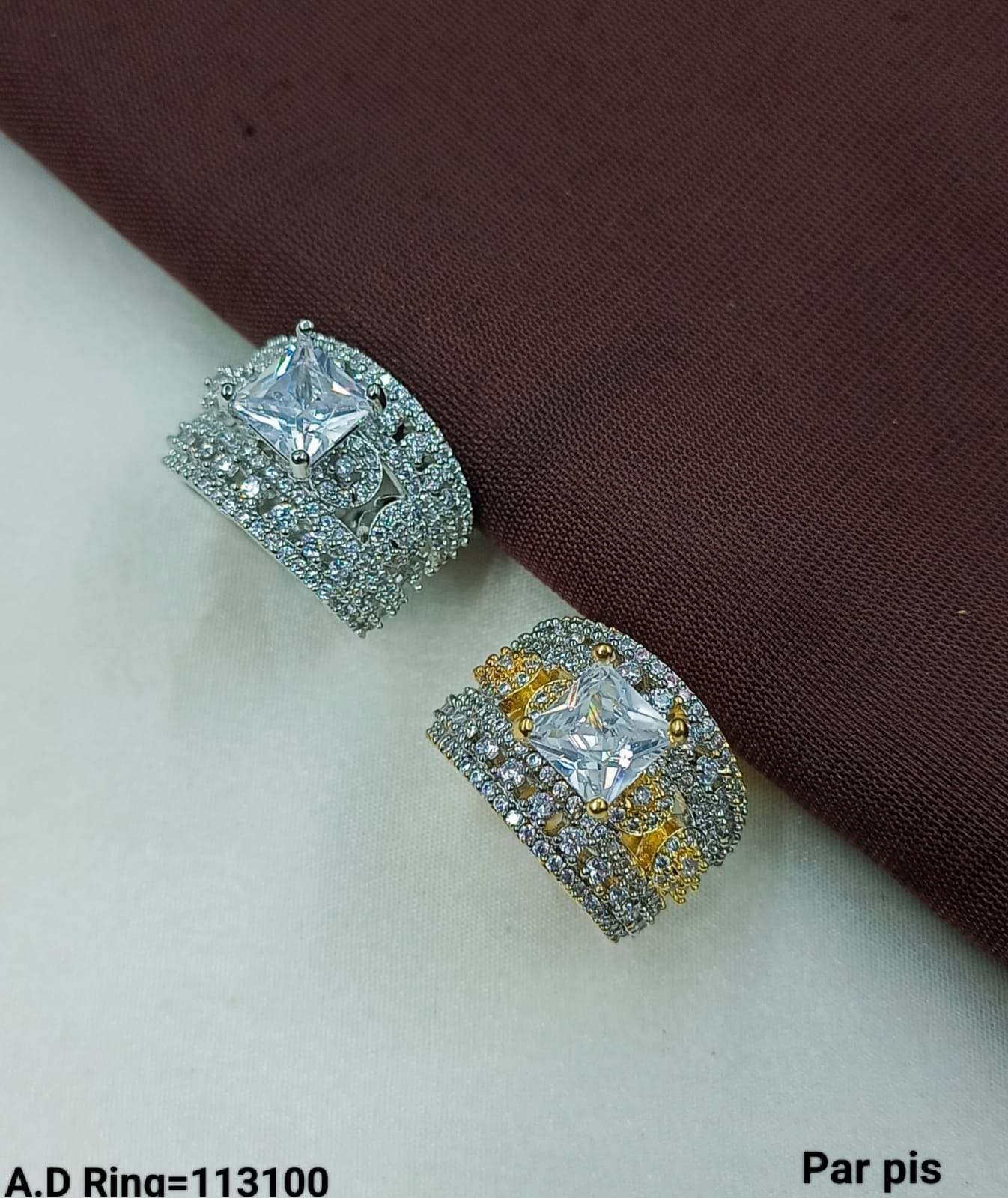 Princess Cut A.D. Ring with Pave Band – Gold & Silver Plated (Per Piece)