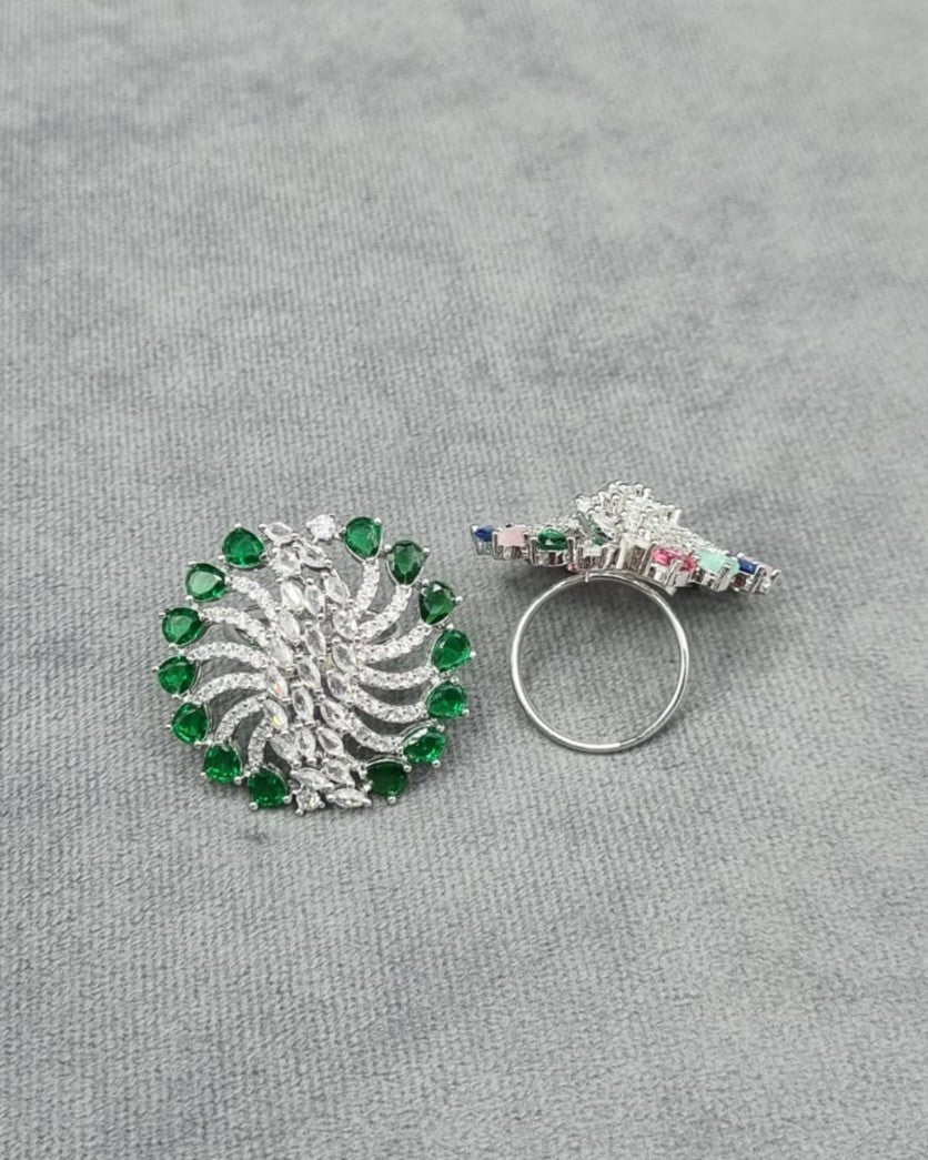 Art Deco Inspired Emerald Green Crystal Sunburst Ring