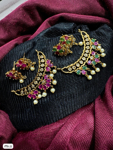 Elegant Kemp Stone Traditional Ruby & Emerald Pendant With Pearl Drops Studs