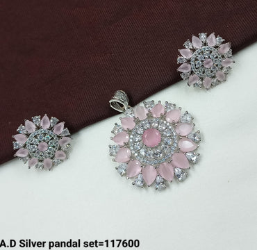 American Diamond Silver Plated Designer Pendant and Earring Set