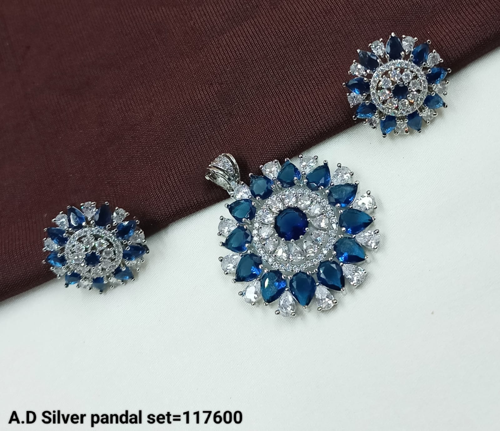 American Diamond Silver Plated Designer Pendant and Earring Set