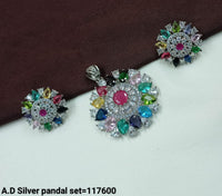 American Diamond Silver Plated Designer Pendant and Earring Set