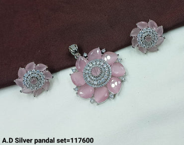 American Diamond Silver Floral Pendant and Earring Set