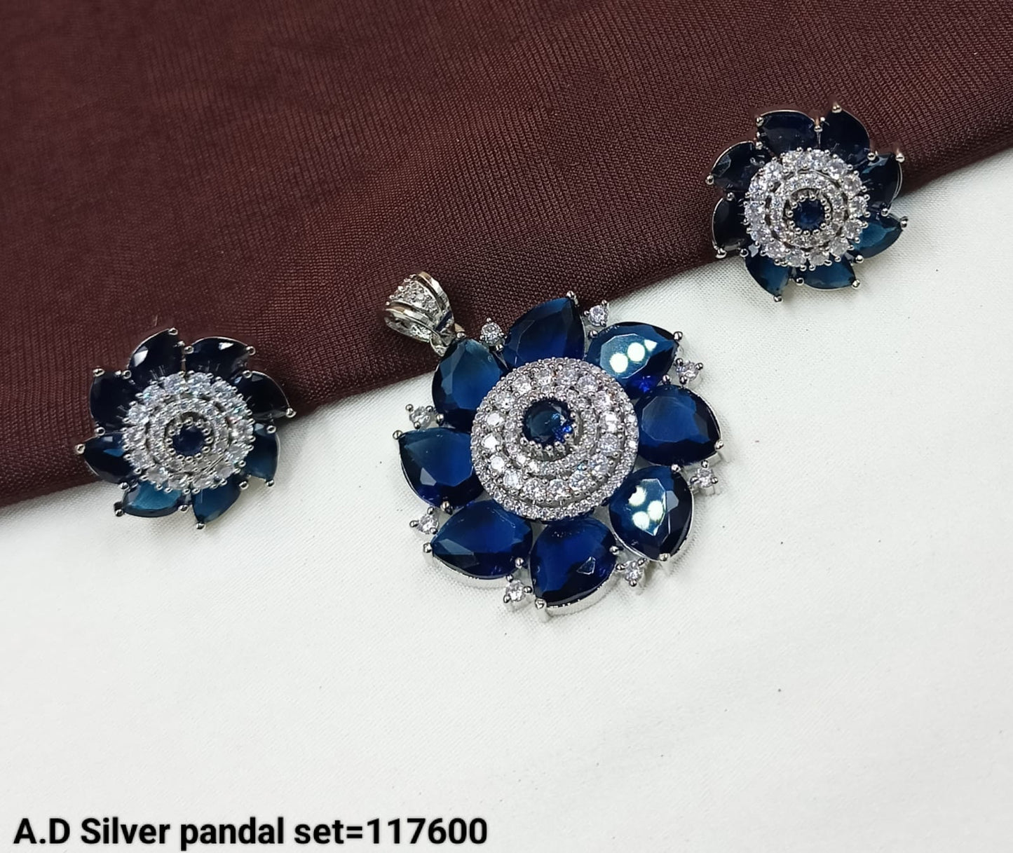American Diamond Silver Floral Pendant and Earring Set