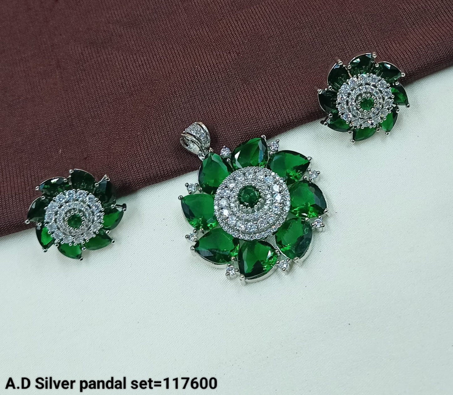 American Diamond Silver Floral Pendant and Earring Set