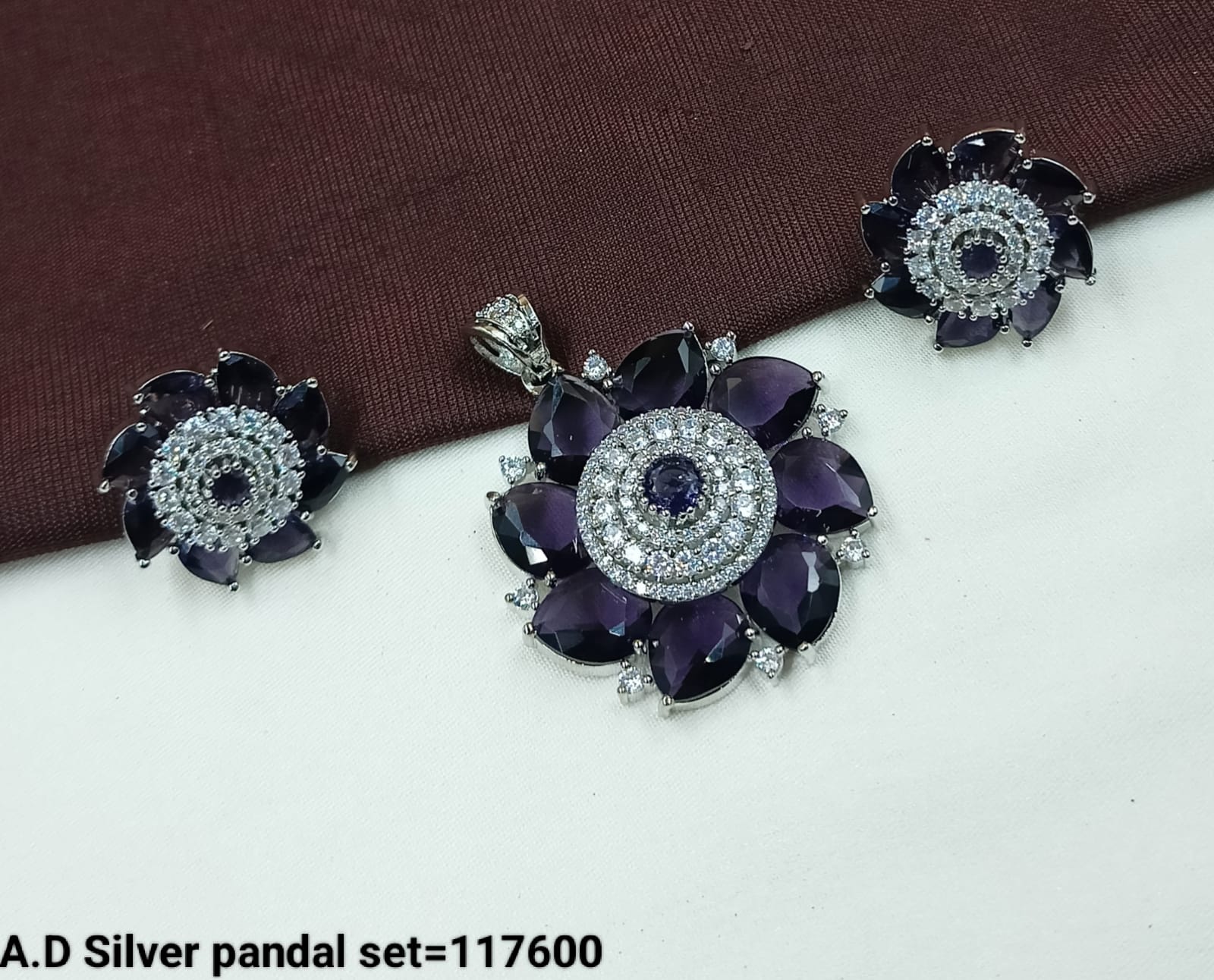 American Diamond Silver Floral Pendant and Earring Set