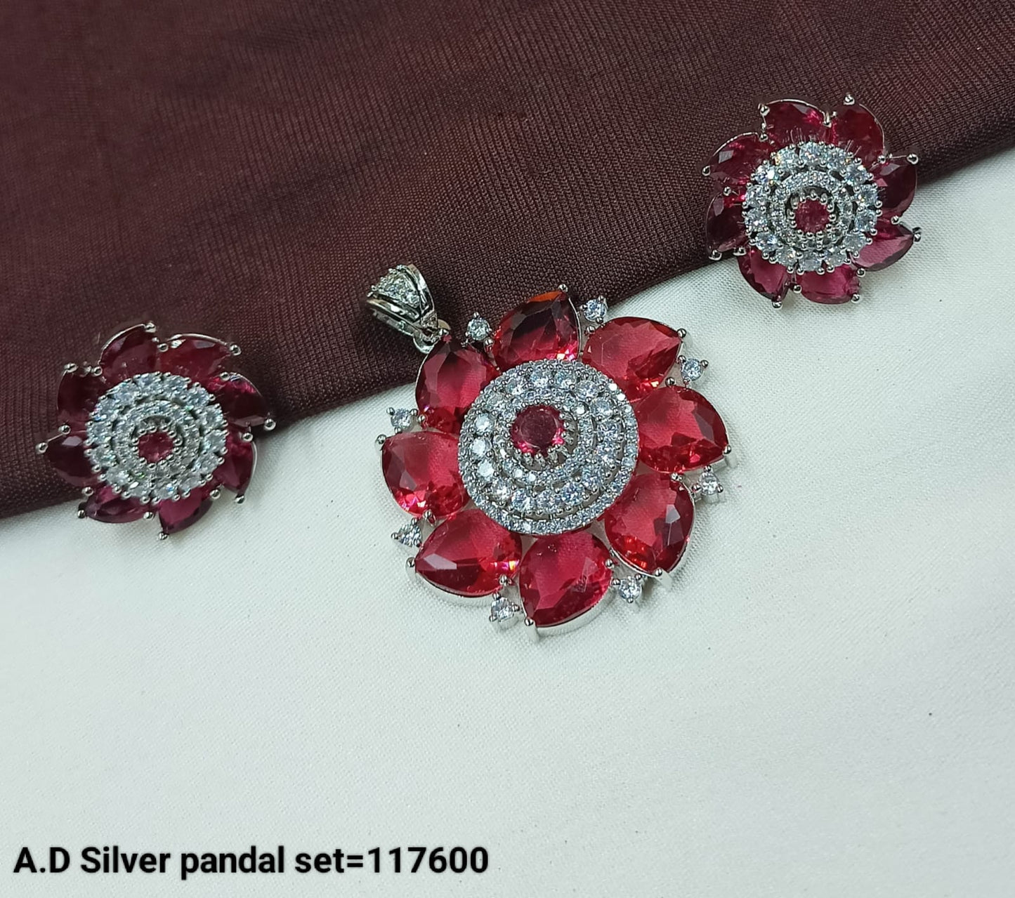 American Diamond Silver Floral Pendant and Earring Set
