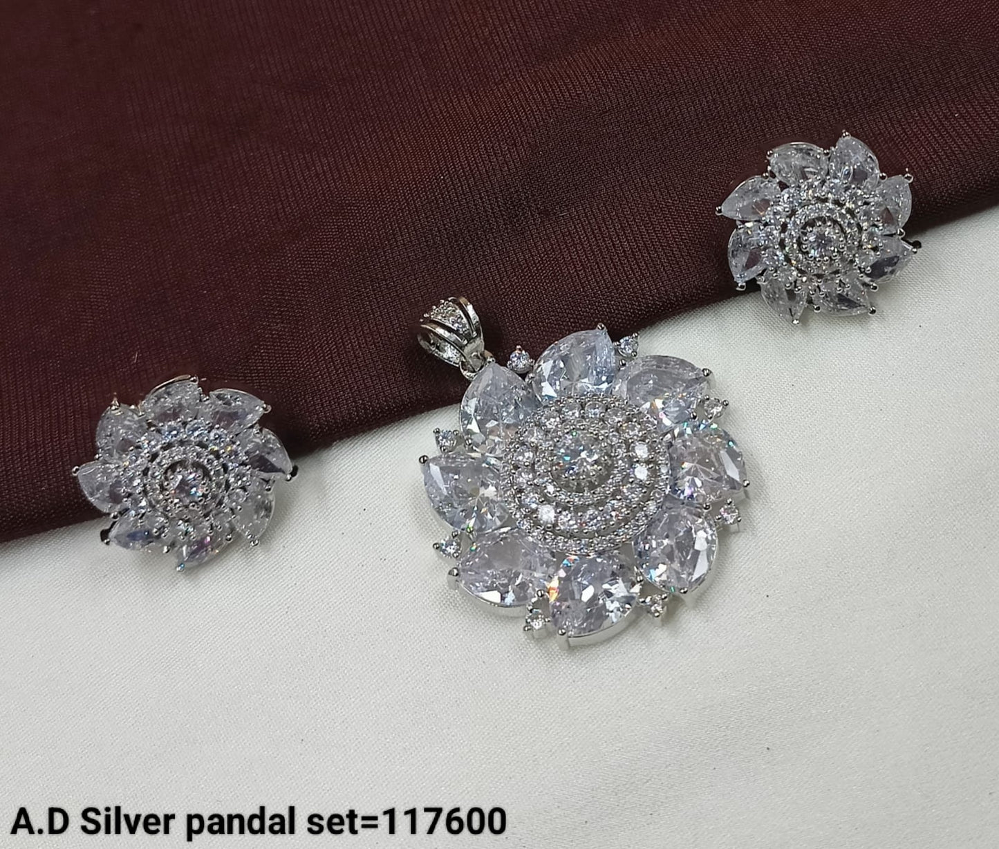 American Diamond Silver Floral Pendant and Earring Set