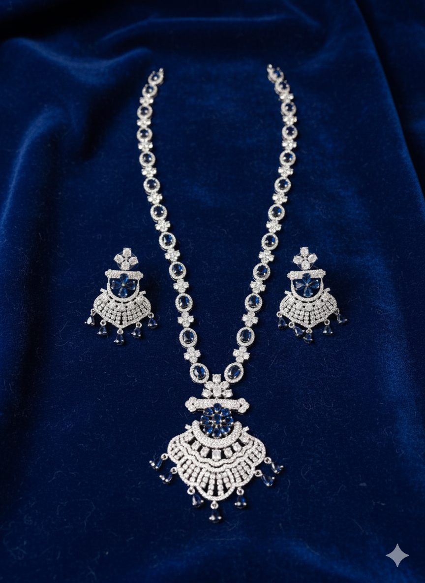 Purple Stone & Silver Plated Long American Diamond Pendant Necklace for Brides