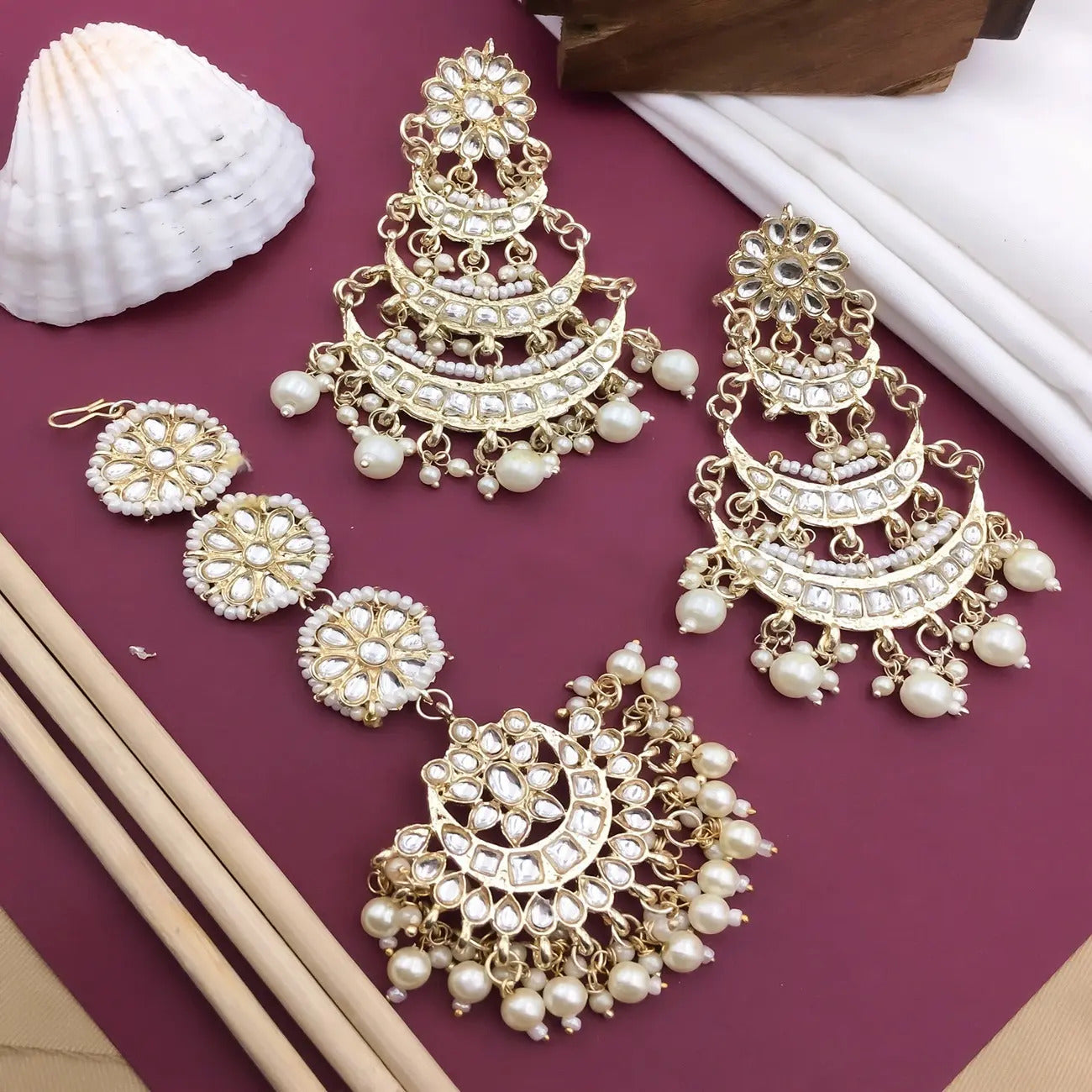 Traditional Royal  Maang Tikka Earring Set Gold-Plated Chandbali Earring and Mangtika