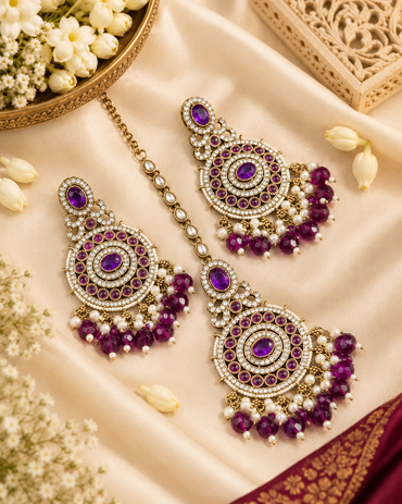Ornate Circular Earrings & Maangtikka Set with Crystal Accents